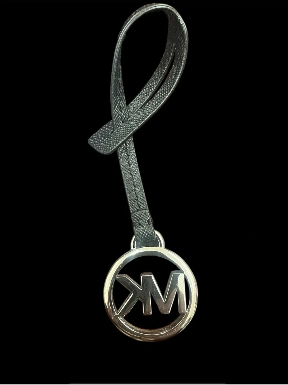Michael Kors Black Leather Strap MK Logo Charm with Silver Ring